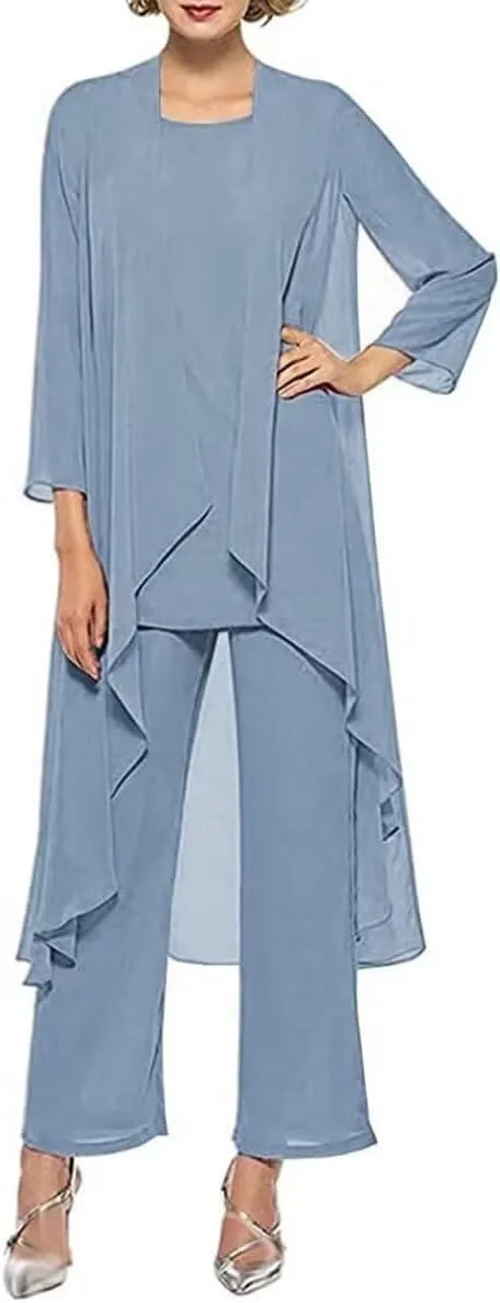 3 Pieces Pantsuits for Women Dressy Outfit Set Long Sleeve Mother of The Bride Dresses with Chiffon Jacket