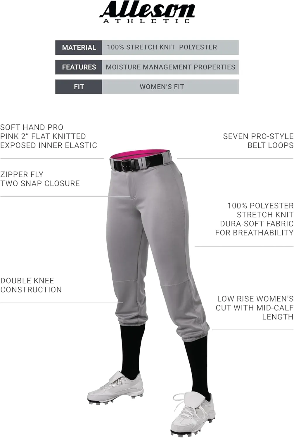 Alleson Athletic Women's Fastpitch/Softball Belted Speed Pant  Moisture-Wicking, Durable Fabric, and Pro-Style Fit