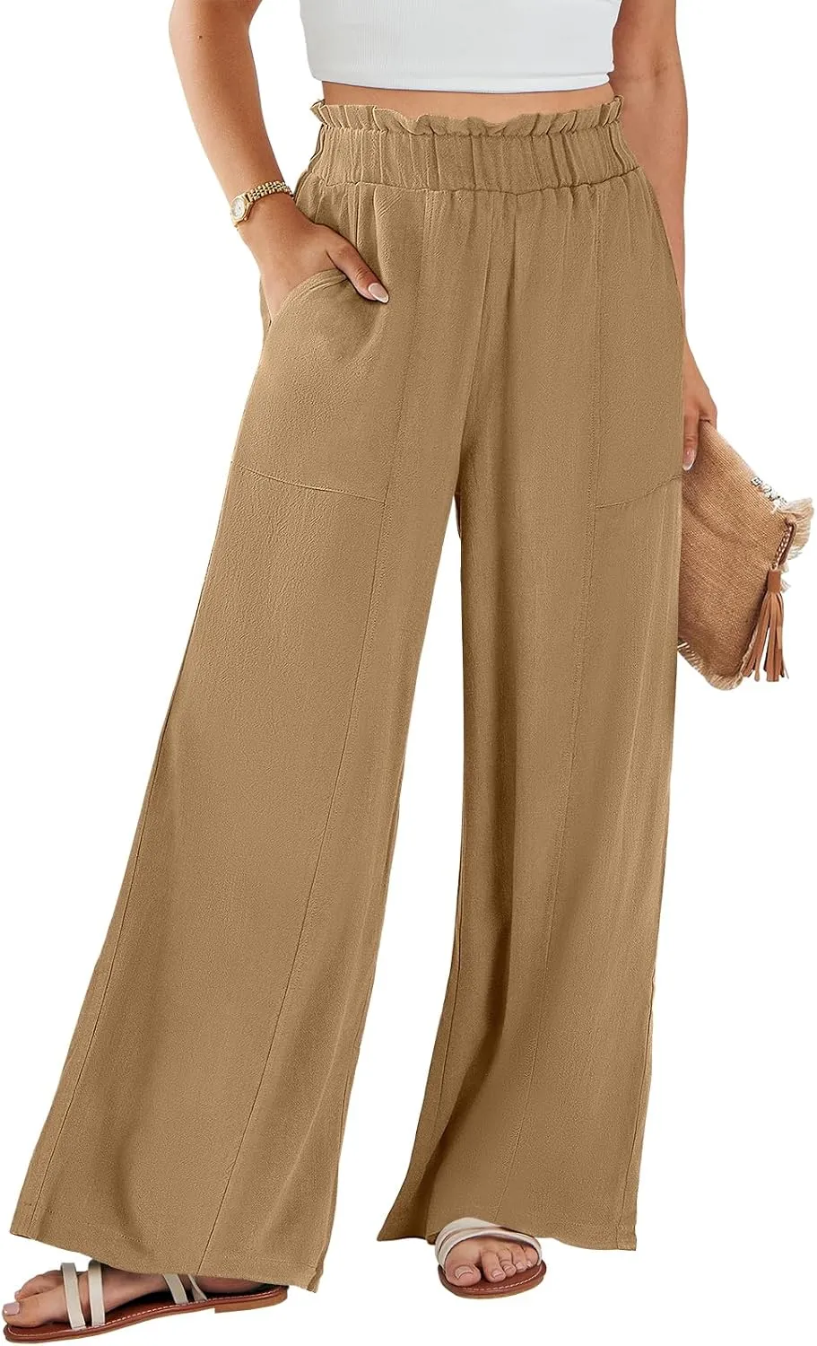 ANRABESS Womens Linen Pants 2025 Summer Casual Loose Wide Leg Palazzo Pants High Waist Flowy Beach Trousers Work Outfits
