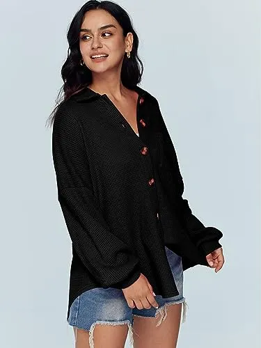 AUTOMET Womens Shackets Waffle Knit Casual Jackets Button Down Flannel Shirts Trendy Tops Fall Clothes 2023 Fashion Outfits