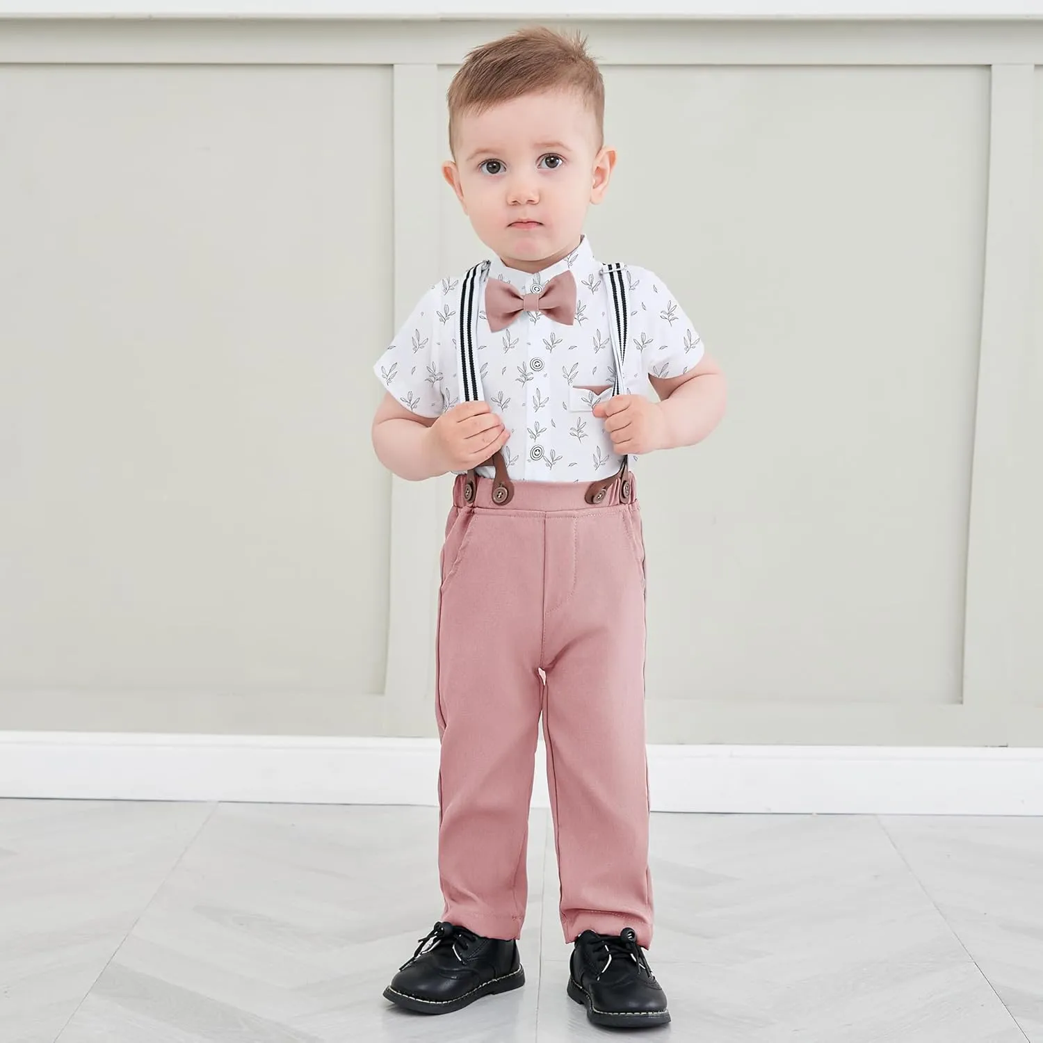 Baby Boy Clothes Suits 3-24M Infant Gentleman Outfits, Short Sleeve Shirt Bowtie Beret Suspender Pants Clothing Set