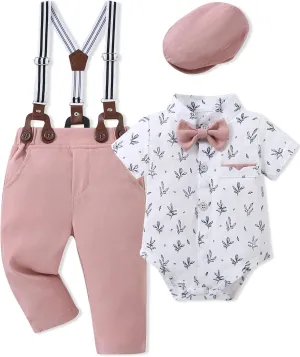 Baby Boy Clothes Suits 3-24M Infant Gentleman Outfits, Short Sleeve Shirt Bowtie Beret Suspender Pants Clothing Set