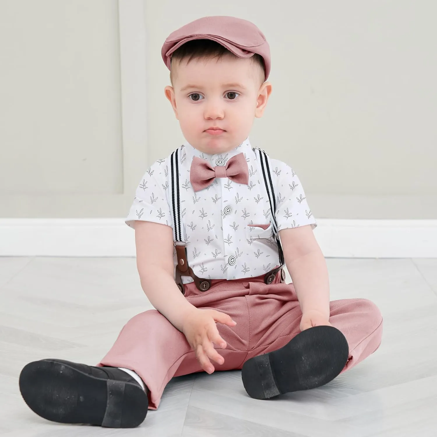 Baby Boy Clothes Suits 3-24M Infant Gentleman Outfits, Short Sleeve Shirt Bowtie Beret Suspender Pants Clothing Set