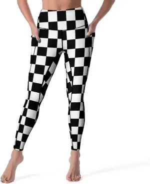Black White Race Checkered Flag High Waist Yoga Pants for Women with Pockets, Tummy Control Running Sports Workout Yoga Leggings XL