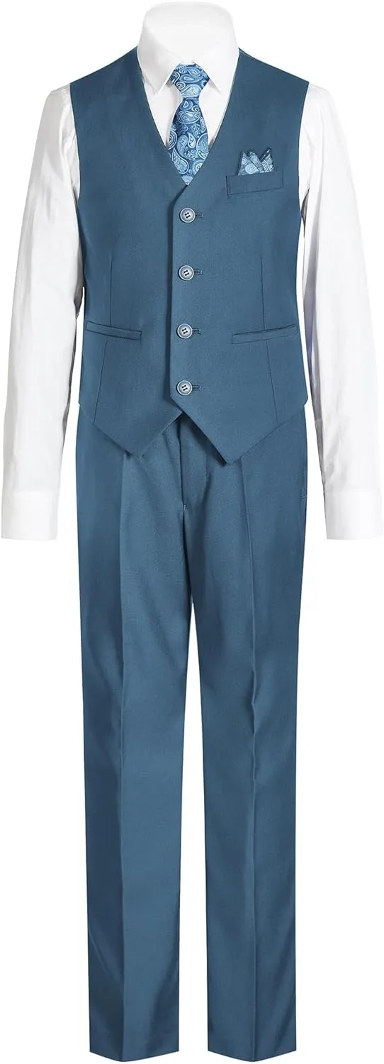Boys' 6-Piece Formal Slim Fit Suit Set, Vest, Pants, Dress Shirt, Tie, Pocket Square, and Bow Tie