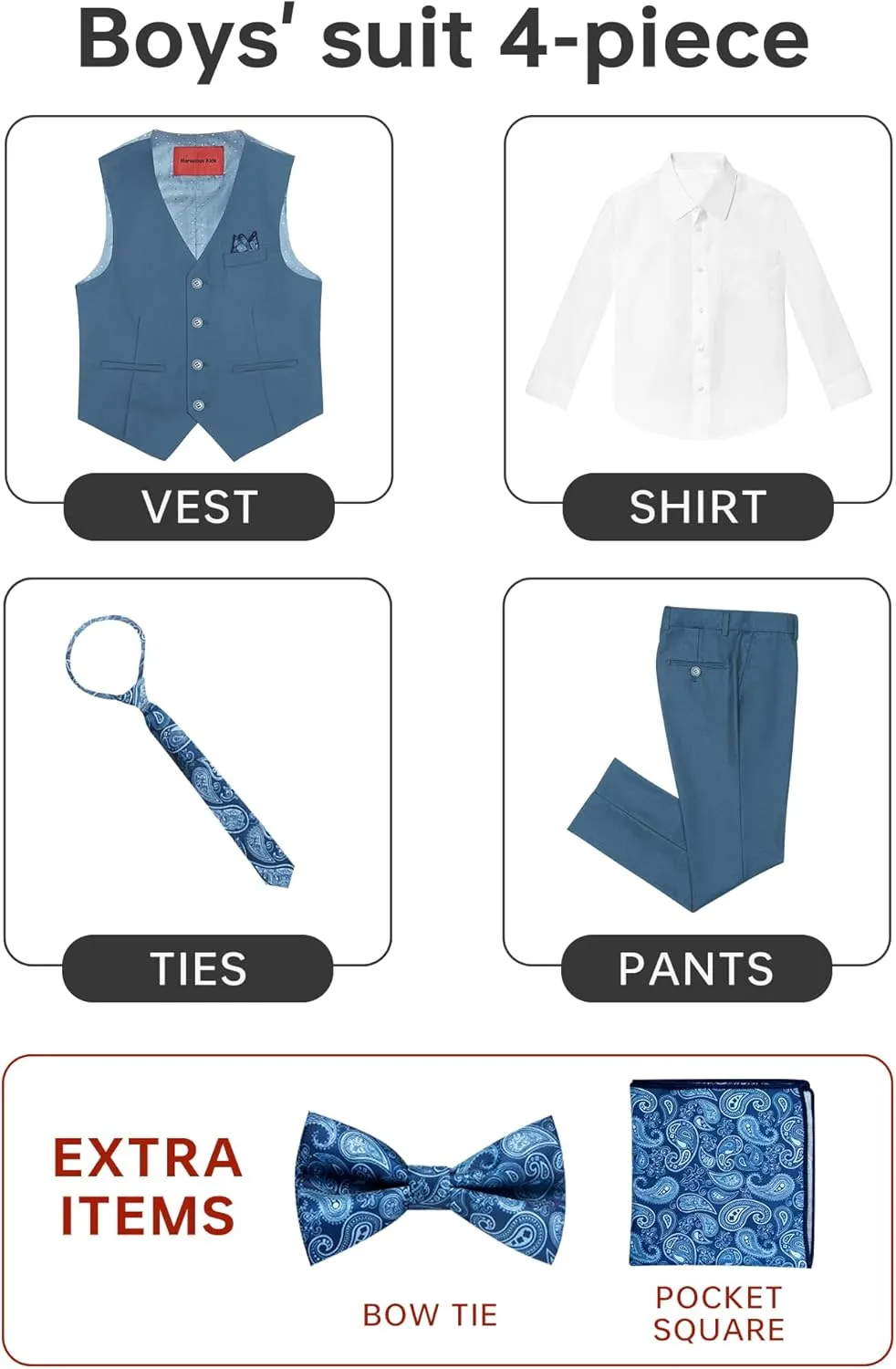 Boys' 6-Piece Formal Slim Fit Suit Set, Vest, Pants, Dress Shirt, Tie, Pocket Square, and Bow Tie