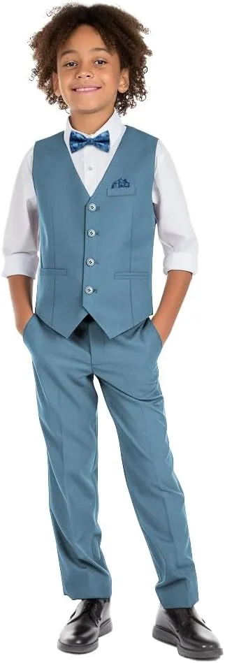 Boys' 6-Piece Formal Slim Fit Suit Set, Vest, Pants, Dress Shirt, Tie, Pocket Square, and Bow Tie