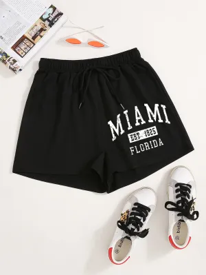 Casual Letter Drawstring Natural Women Shorts