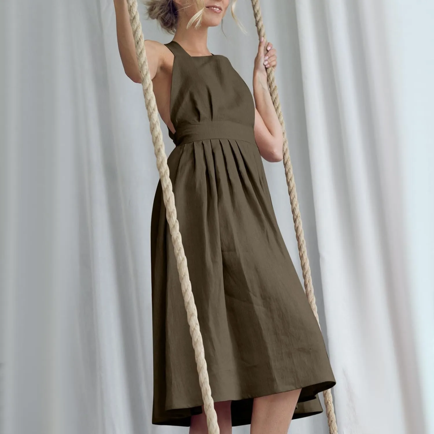Cotton Linen Midi Dress for Women Summer Beach Vacation Backless Dresses Fashion Sleeveless A Line Pleated Sundress