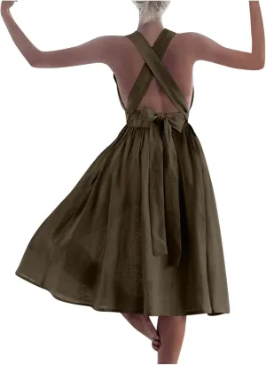 Cotton Linen Midi Dress for Women Summer Beach Vacation Backless Dresses Fashion Sleeveless A Line Pleated Sundress