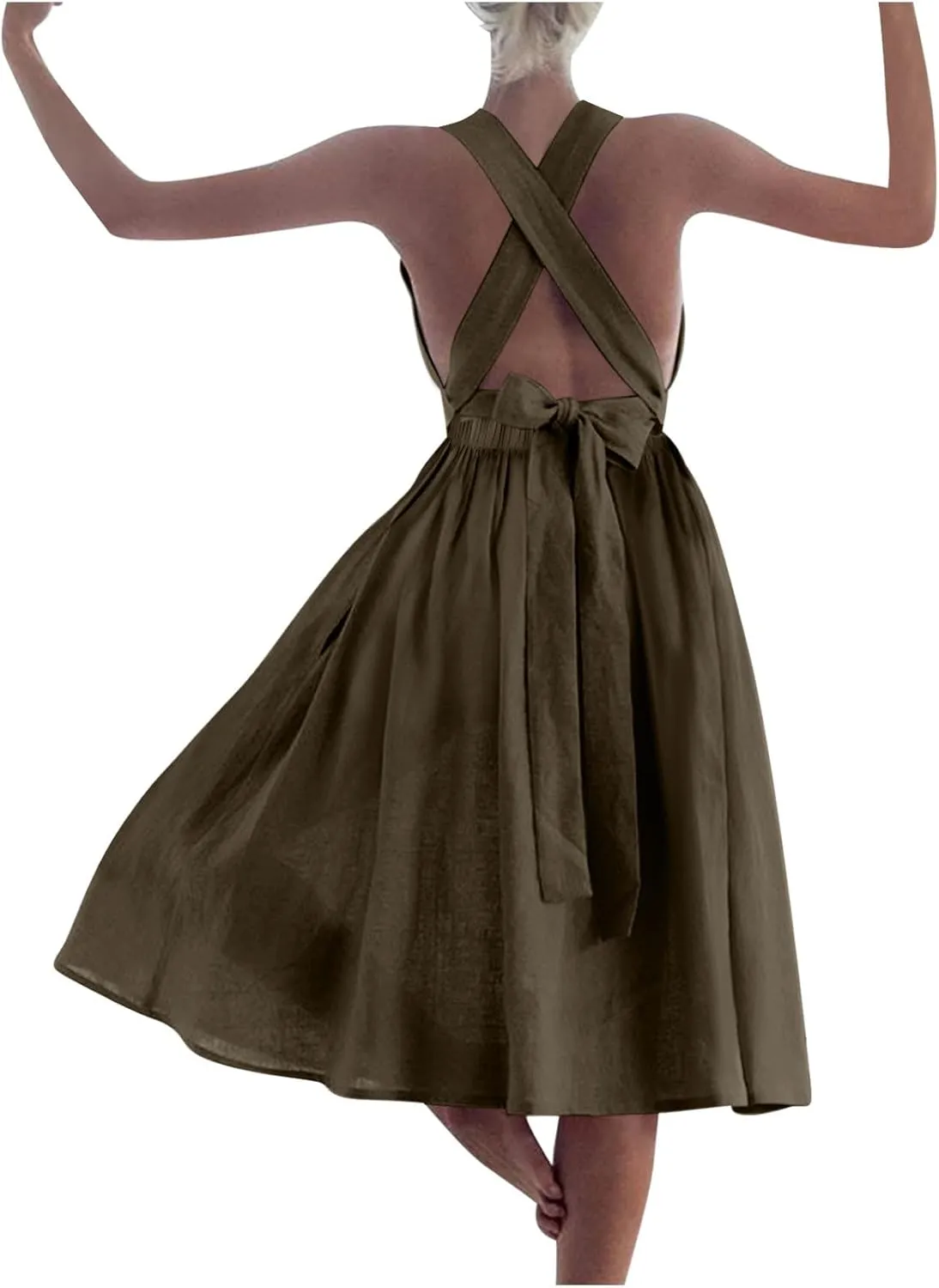 Cotton Linen Midi Dress for Women Summer Beach Vacation Backless Dresses Fashion Sleeveless A Line Pleated Sundress