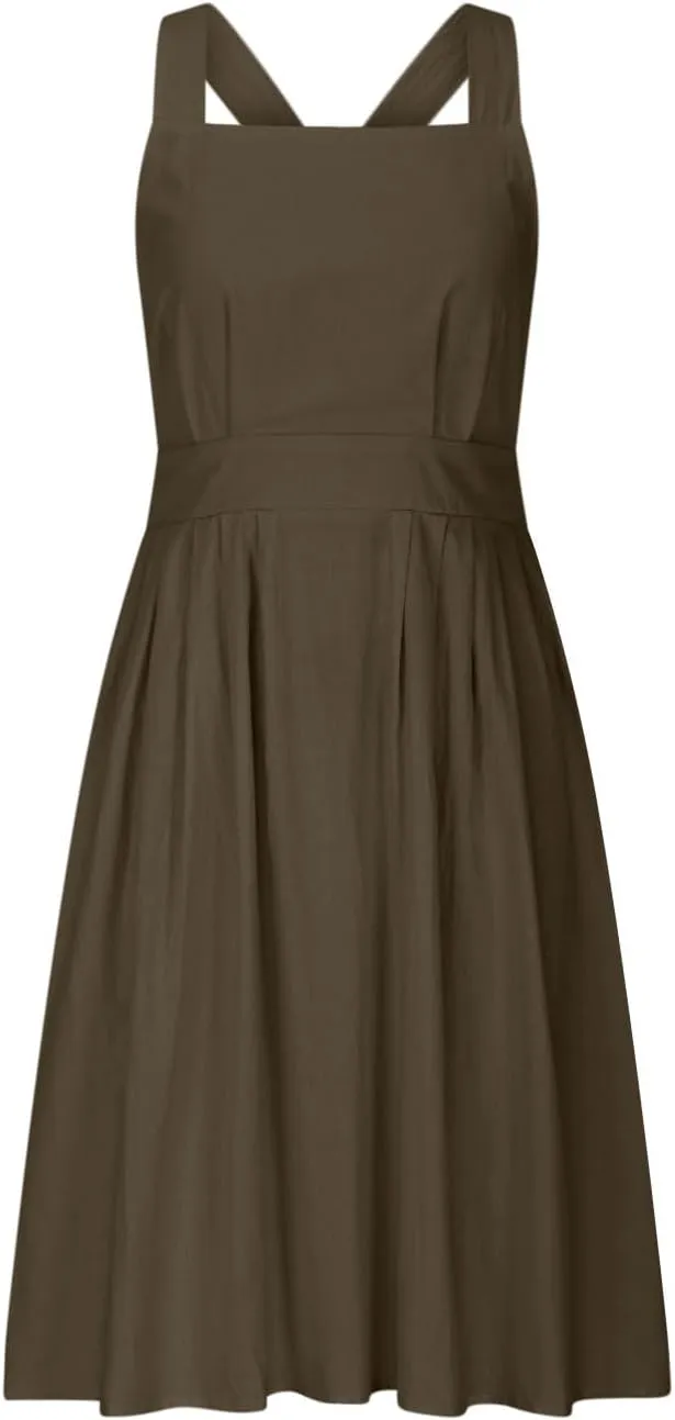 Cotton Linen Midi Dress for Women Summer Beach Vacation Backless Dresses Fashion Sleeveless A Line Pleated Sundress