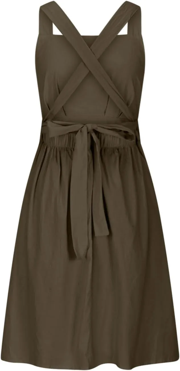 Cotton Linen Midi Dress for Women Summer Beach Vacation Backless Dresses Fashion Sleeveless A Line Pleated Sundress