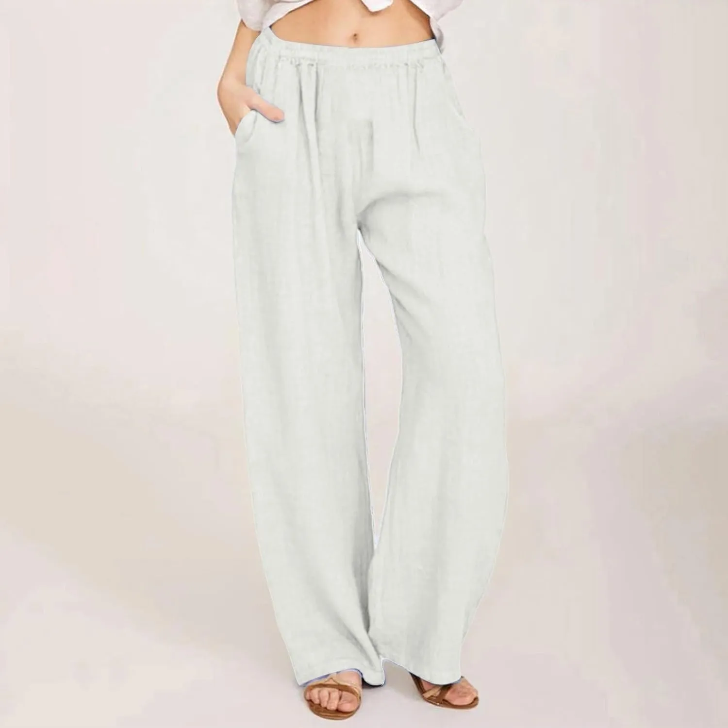 Cotton Linen Pants for Women 2025 Baggy Boho Casual Palazzo Pants Elastic Waist Wide Leg Lounge Trousers with 2 Pockets