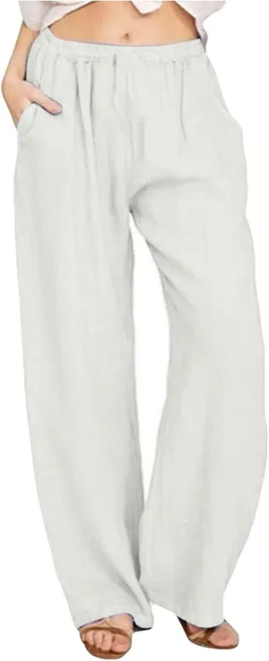 Cotton Linen Pants for Women 2025 Baggy Boho Casual Palazzo Pants Elastic Waist Wide Leg Lounge Trousers with 2 Pockets