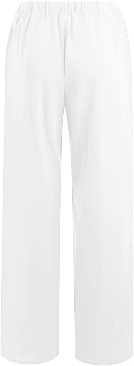 Cotton Linen Pants for Women 2025 Baggy Boho Casual Palazzo Pants Elastic Waist Wide Leg Lounge Trousers with 2 Pockets