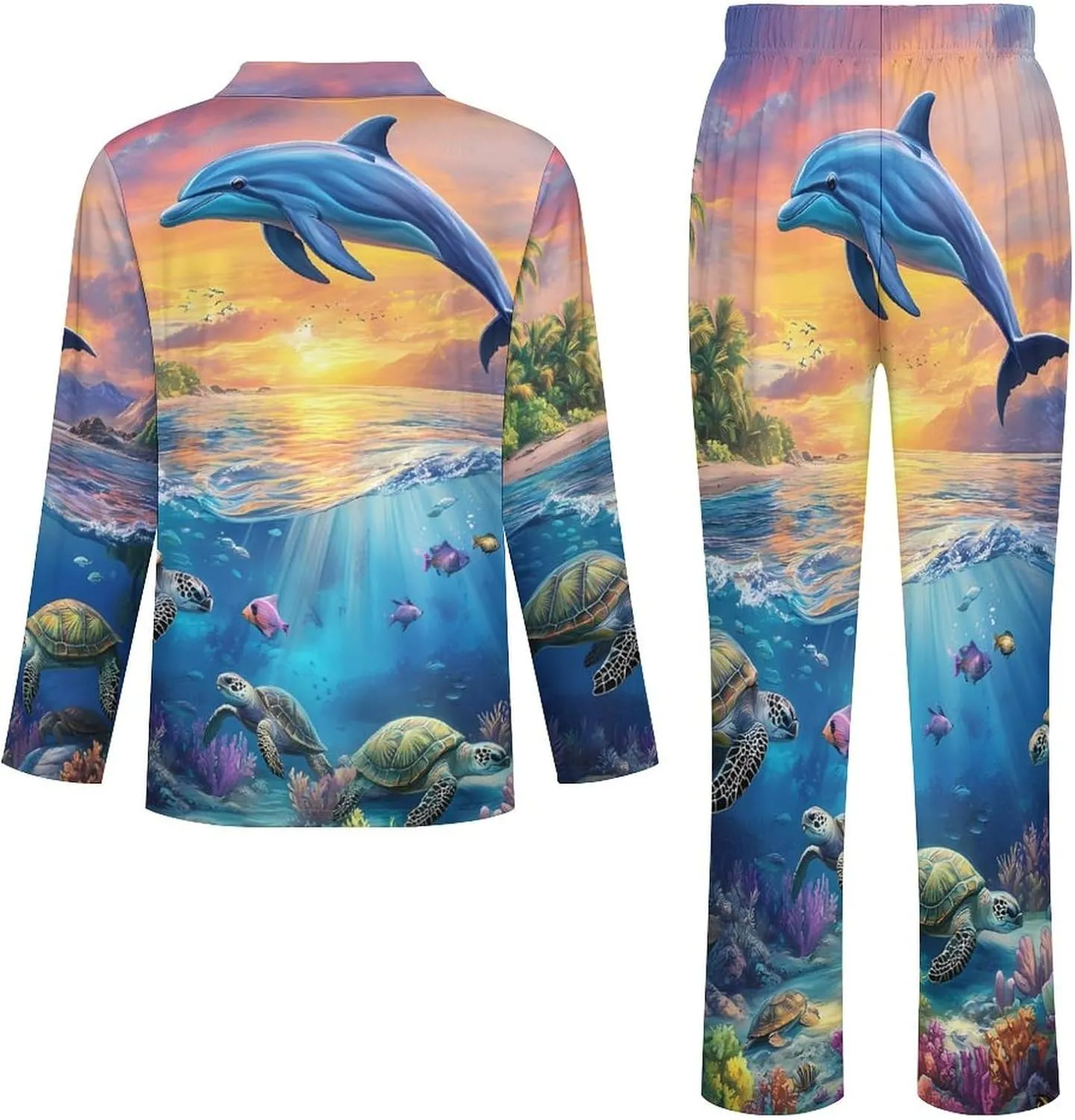Dolphins And Turtles in The Sea Mens Pajamas Set Long Sleeve Loungewear Sleepwear Button-Down Pj Set Top And Pants