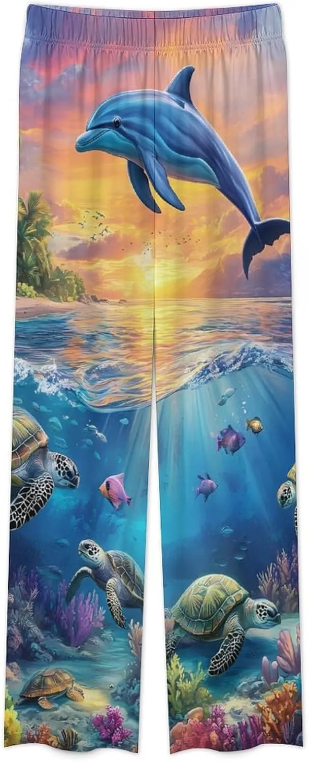 Dolphins And Turtles in The Sea Mens Pajamas Set Long Sleeve Loungewear Sleepwear Button-Down Pj Set Top And Pants