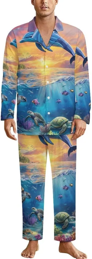 Dolphins And Turtles in The Sea Mens Pajamas Set Long Sleeve Loungewear Sleepwear Button-Down Pj Set Top And Pants