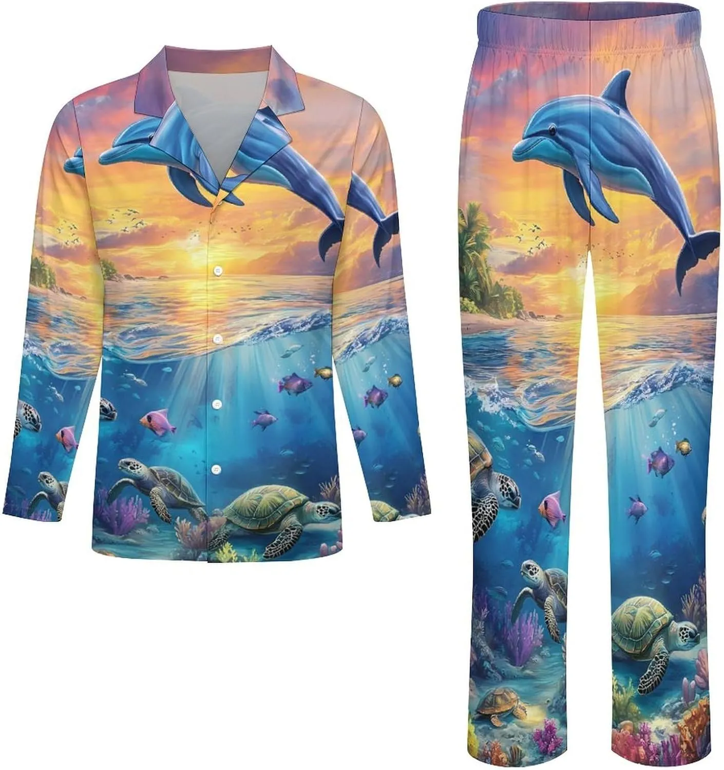 Dolphins And Turtles in The Sea Mens Pajamas Set Long Sleeve Loungewear Sleepwear Button-Down Pj Set Top And Pants