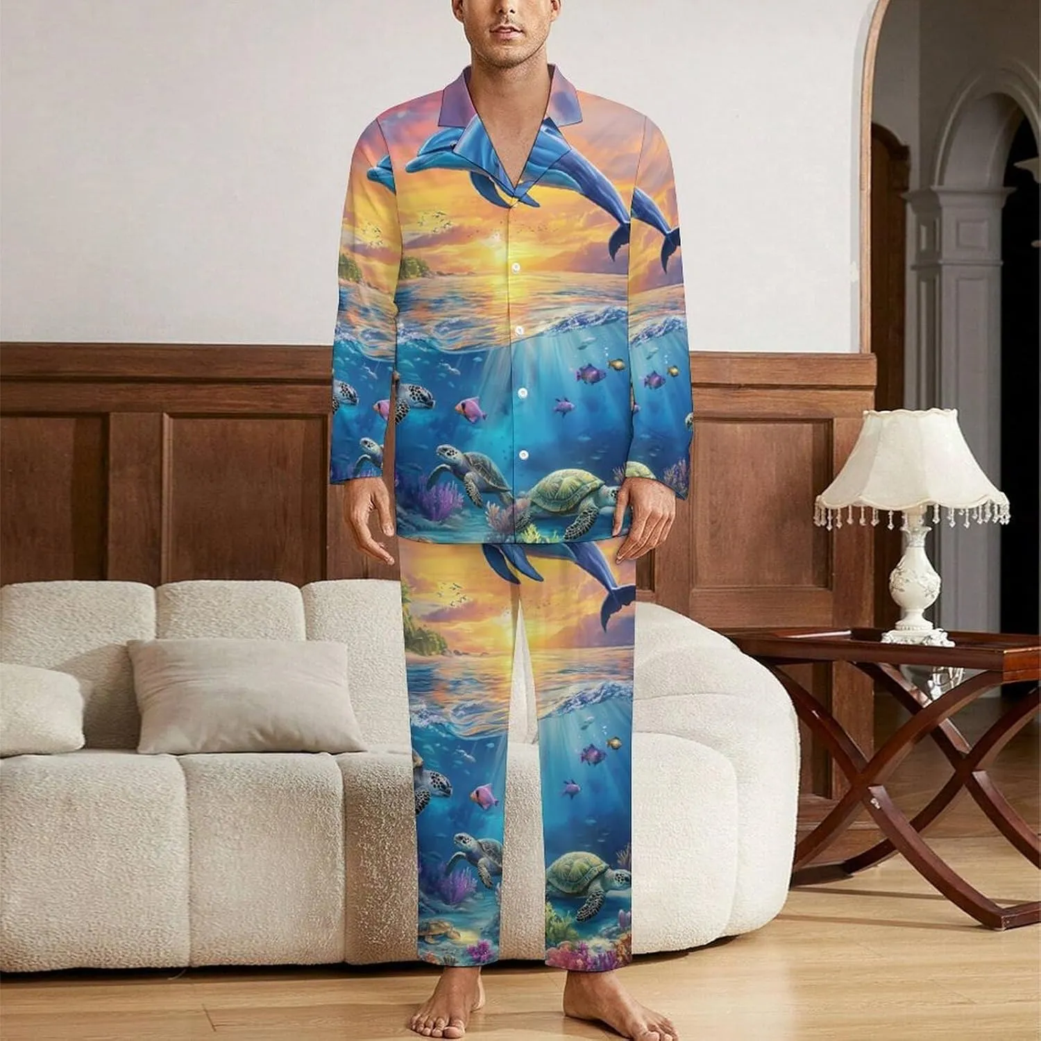 Dolphins And Turtles in The Sea Mens Pajamas Set Long Sleeve Loungewear Sleepwear Button-Down Pj Set Top And Pants