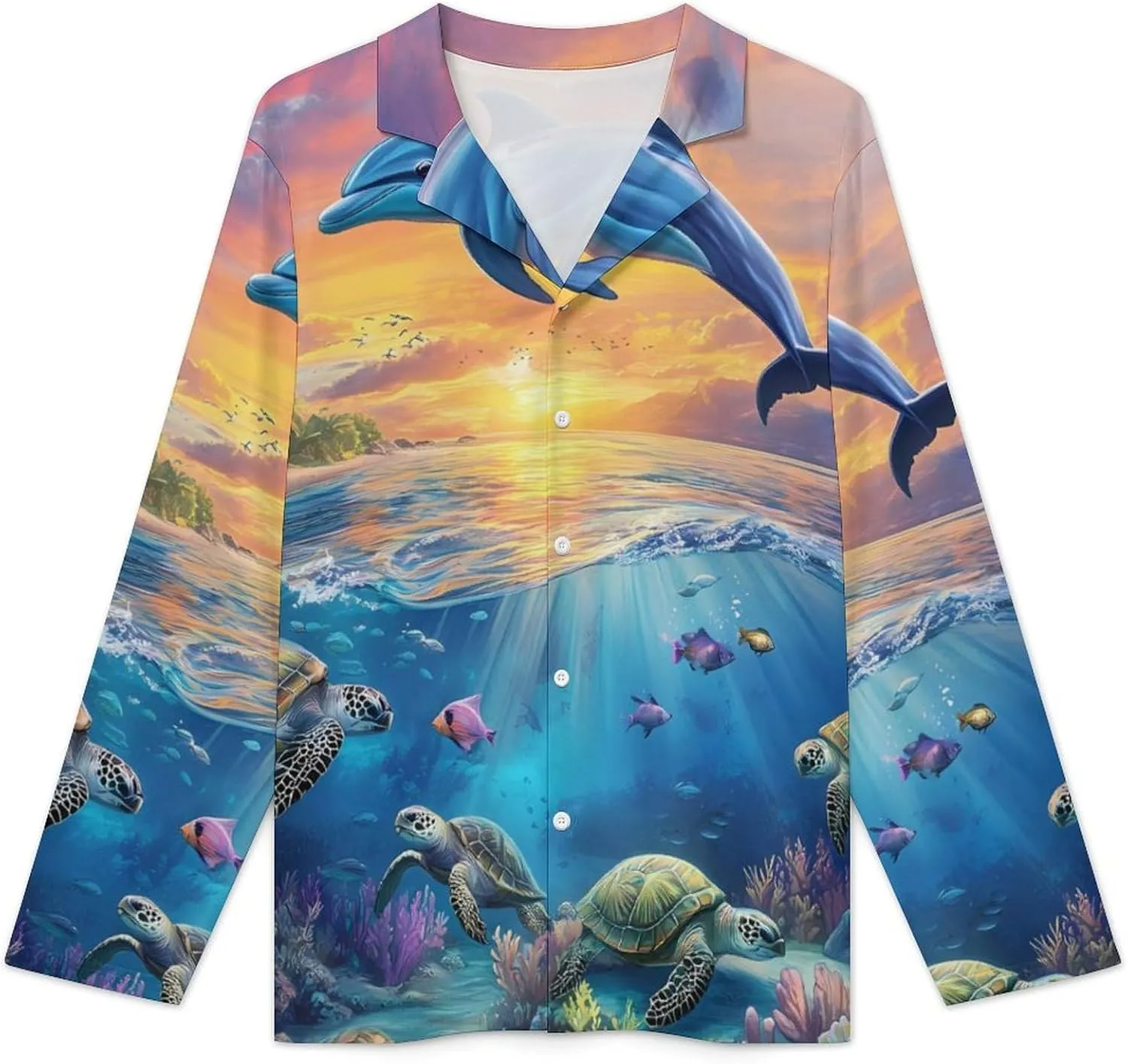 Dolphins And Turtles in The Sea Mens Pajamas Set Long Sleeve Loungewear Sleepwear Button-Down Pj Set Top And Pants