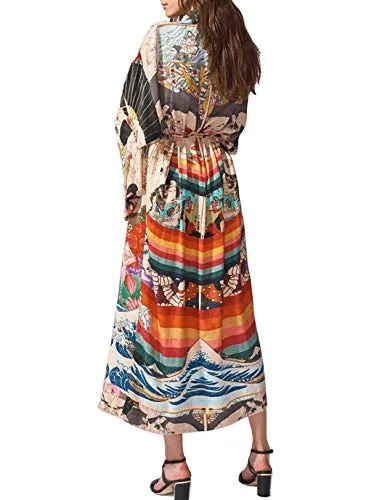 Eddoyee Women's Ethnic Print Kimono Cardigans - Stylish Beach Cover Up