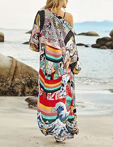 Eddoyee Women's Ethnic Print Kimono Cardigans - Stylish Beach Cover Up