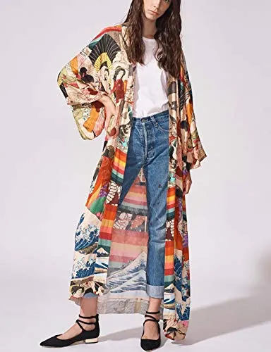 Eddoyee Women's Ethnic Print Kimono Cardigans - Stylish Beach Cover Up