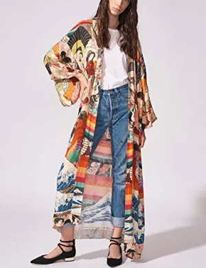 Eddoyee Women's Ethnic Print Kimono Cardigans - Stylish Beach Cover Up