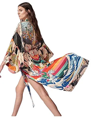 Eddoyee Women's Ethnic Print Kimono Cardigans - Stylish Beach Cover Up