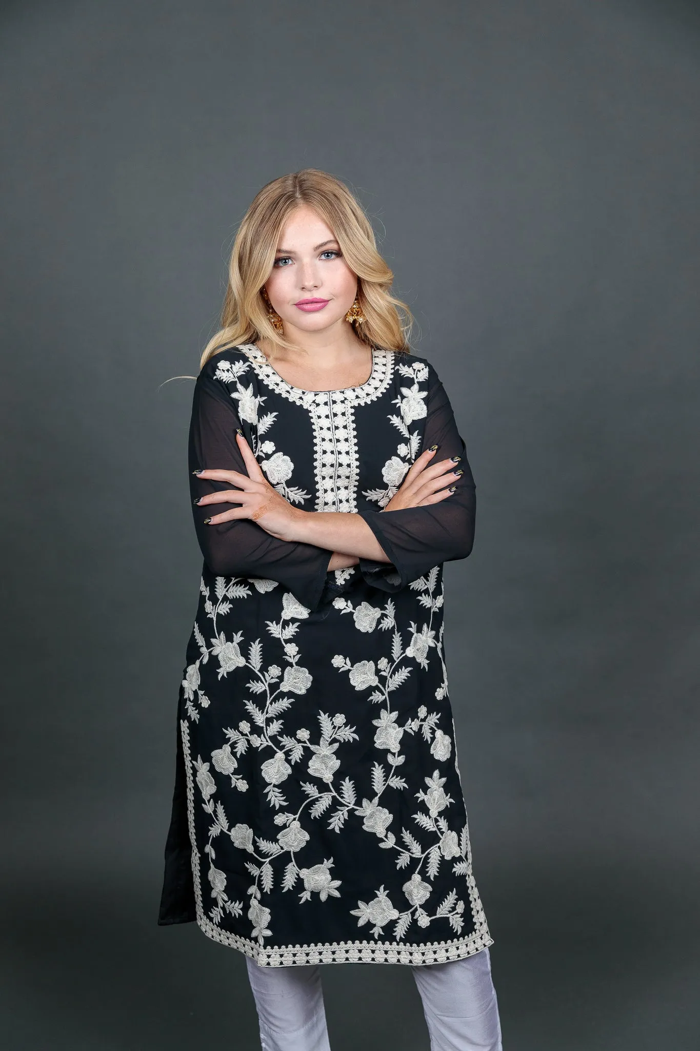 Fancy Embroidered Georgette Black With Ankle Pants Suit