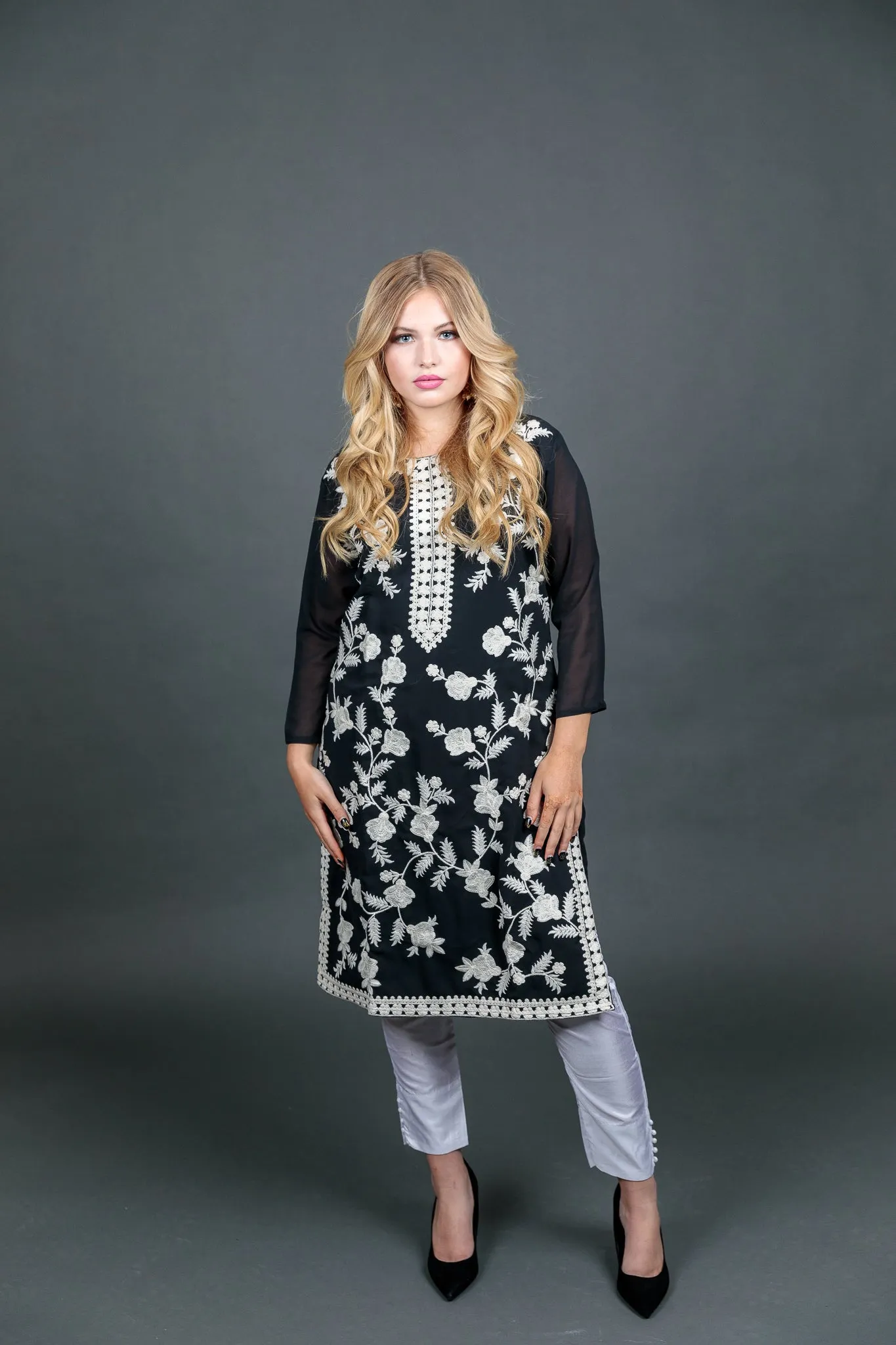 Fancy Embroidered Georgette Black With Ankle Pants Suit