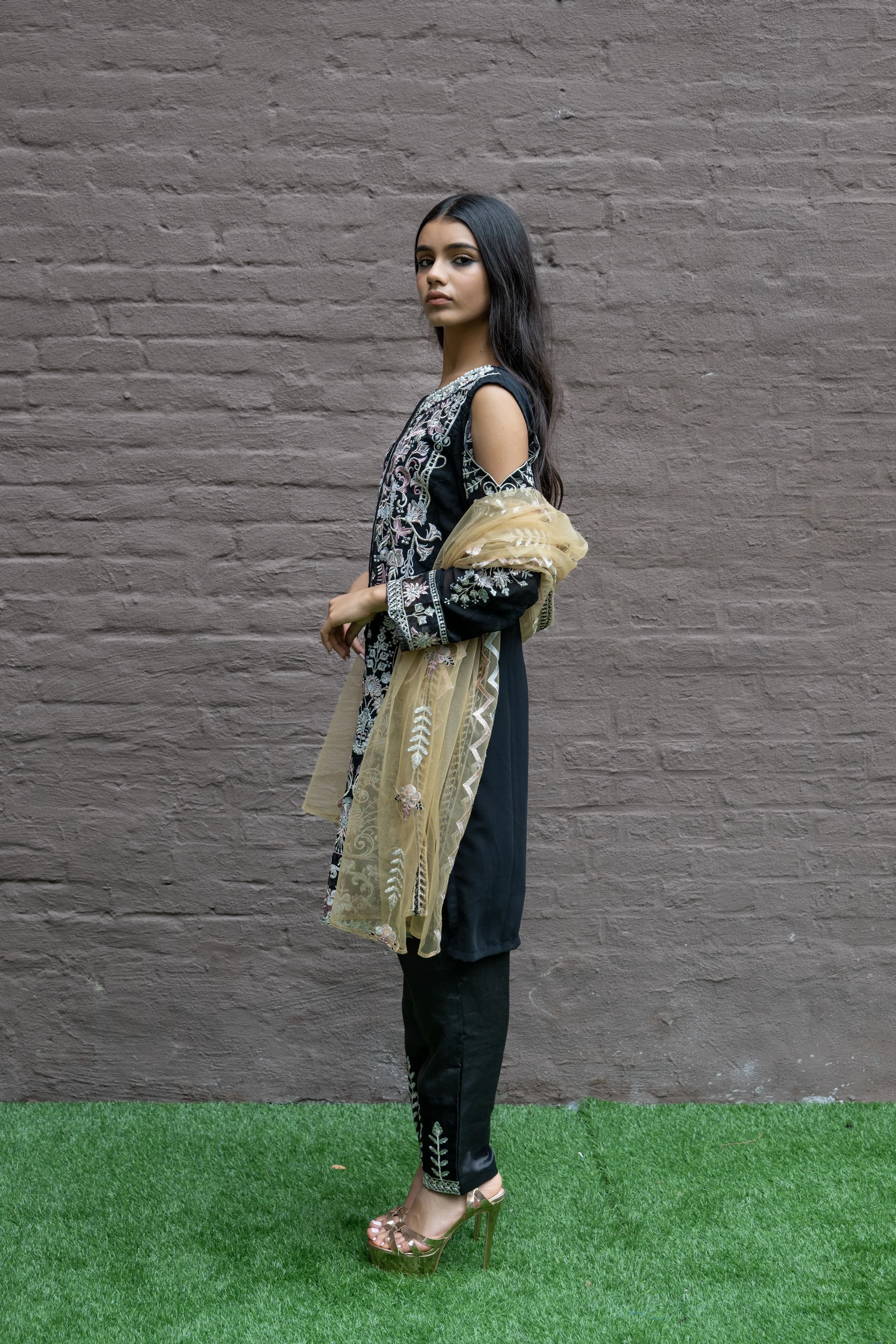 Fancy Heavy Embroidered Black With Ankle Pants Suit