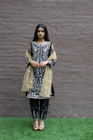 Fancy Heavy Embroidered Black With Ankle Pants Suit