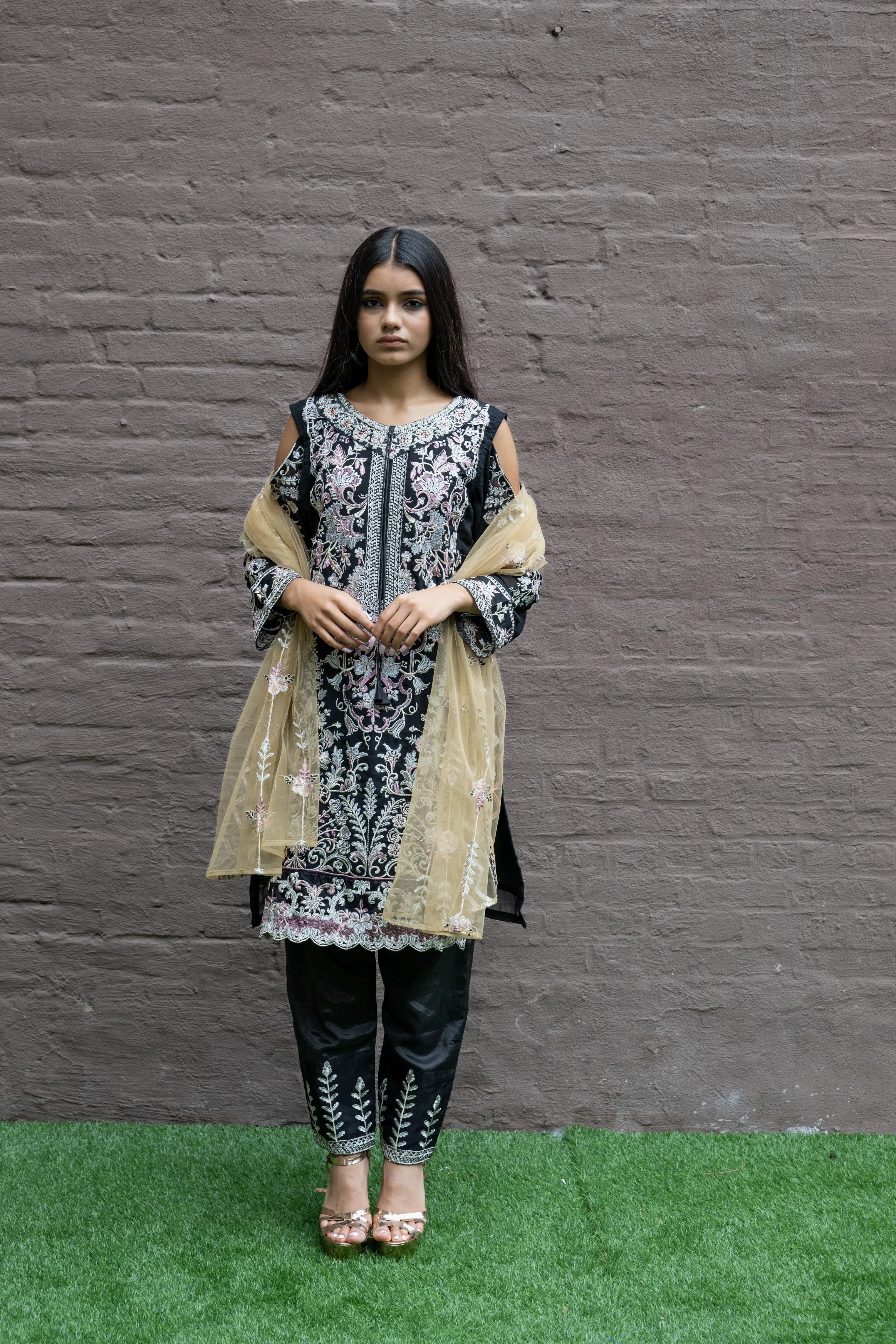 Fancy Heavy Embroidered Black With Ankle Pants Suit
