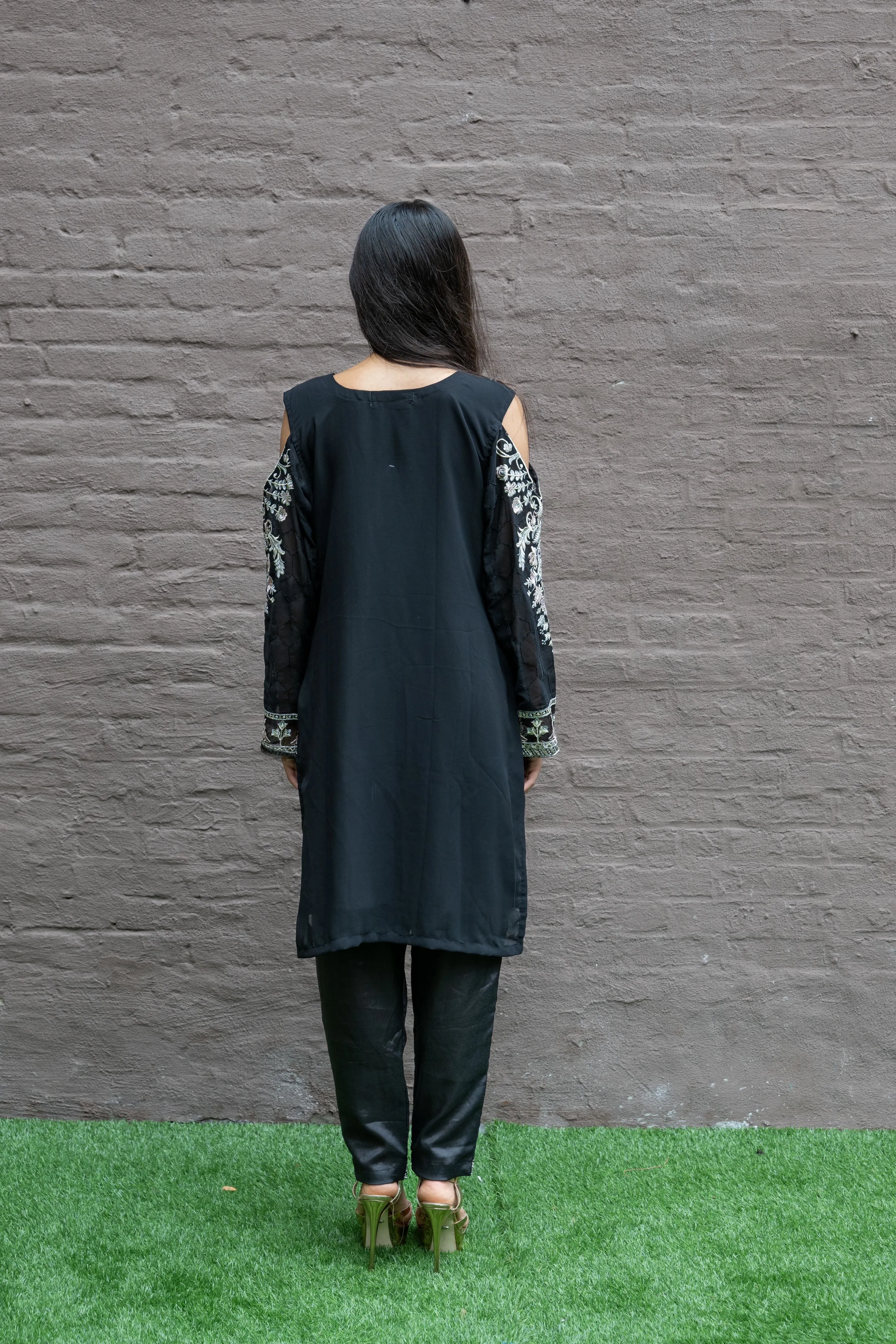 Fancy Heavy Embroidered Black With Ankle Pants Suit