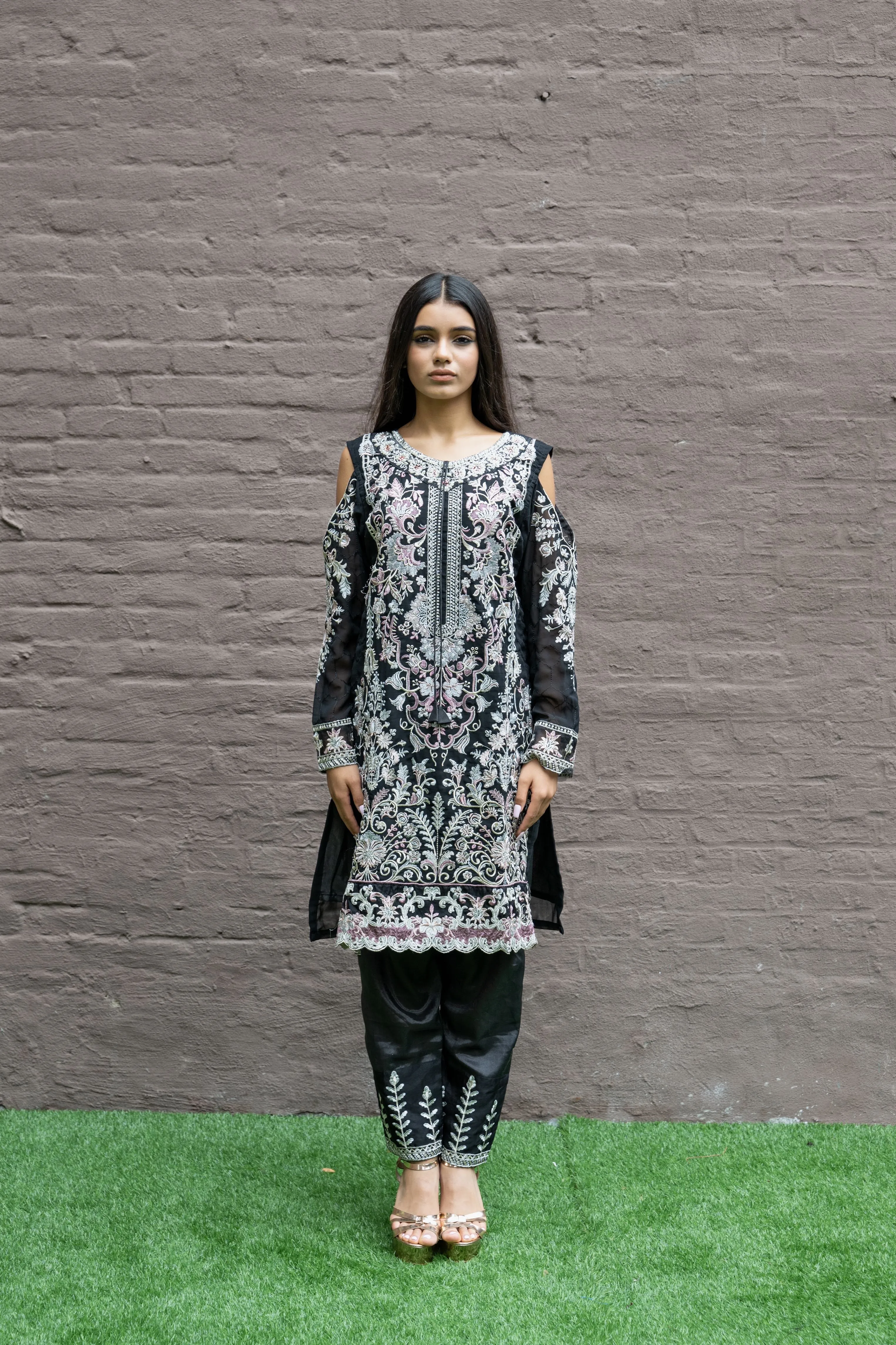 Fancy Heavy Embroidered Black With Ankle Pants Suit