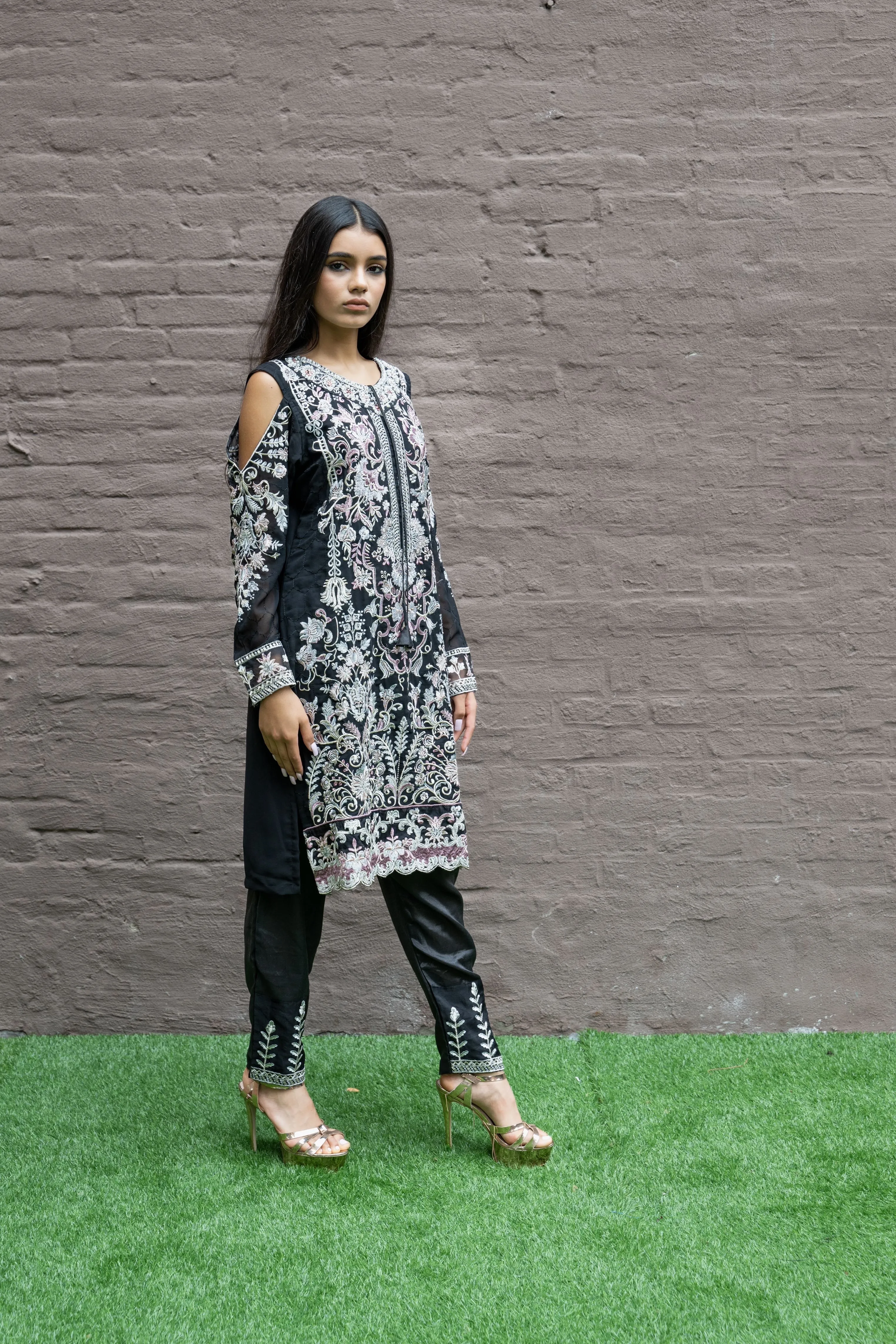 Fancy Heavy Embroidered Black With Ankle Pants Suit