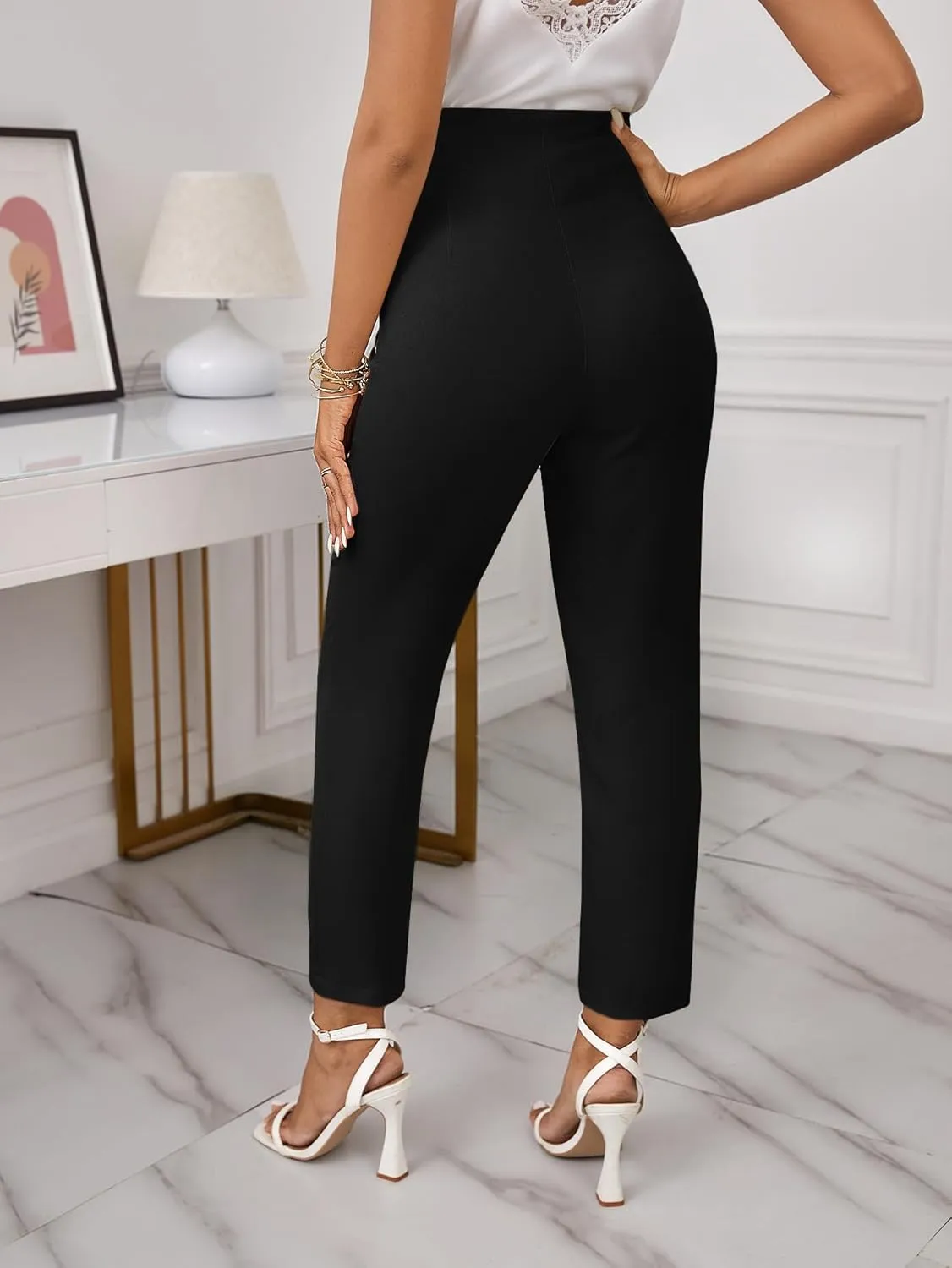 Floerns Women's Solid High Waist Tapered Pants Elegant Workwear Trousers