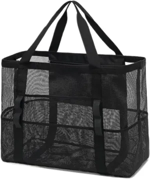 Hobo Mesh Beach Bag with 9 Pockets - Large Lightweight Waterproof Tote for Family Vacation Essentials