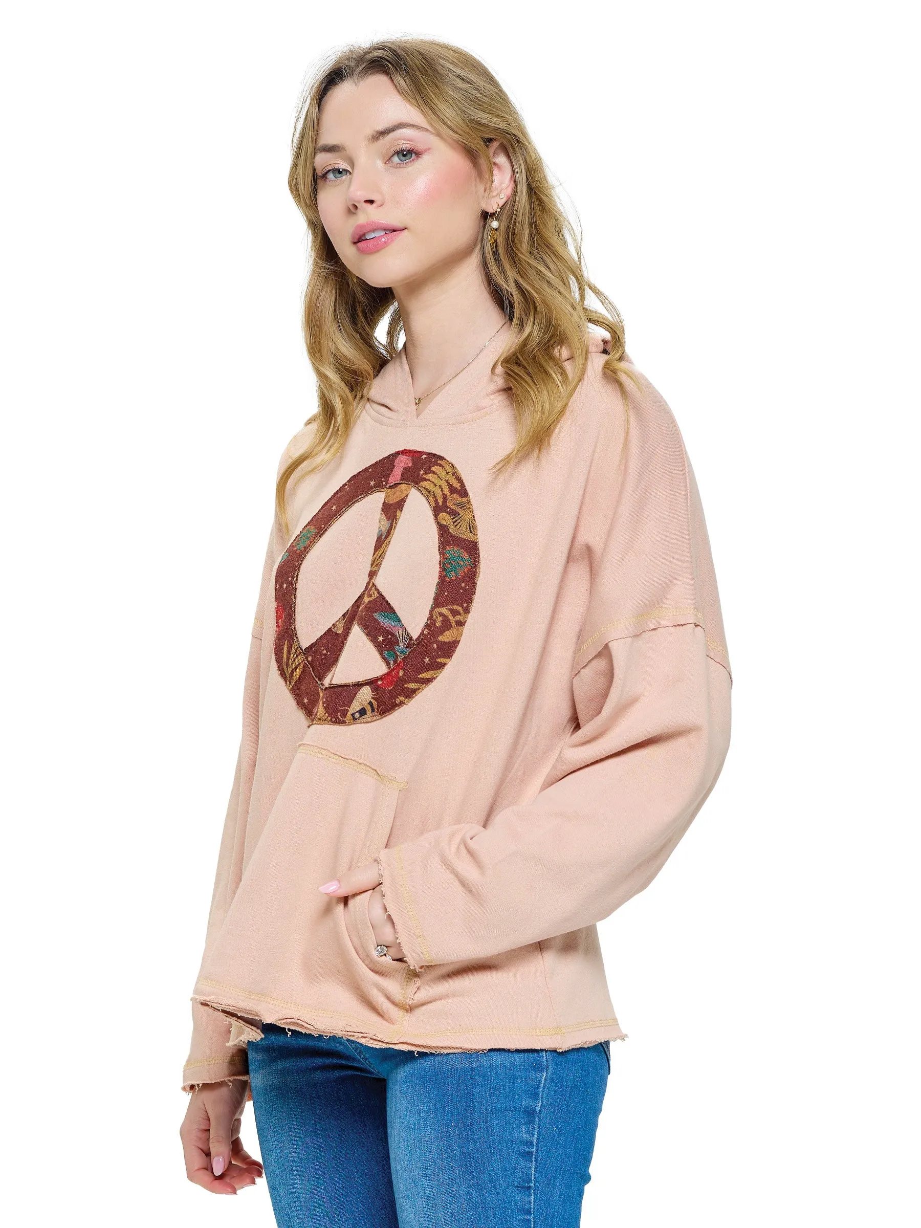 Hoodie Boho Peace Sign Patch Loose Fit