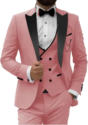 HUUTOE Men's 3 Piece Slim Fit Prom Suits Black Tuxedos for Men 2025 Double Breasted Suit Men Homecoming Wedding Suit Tux