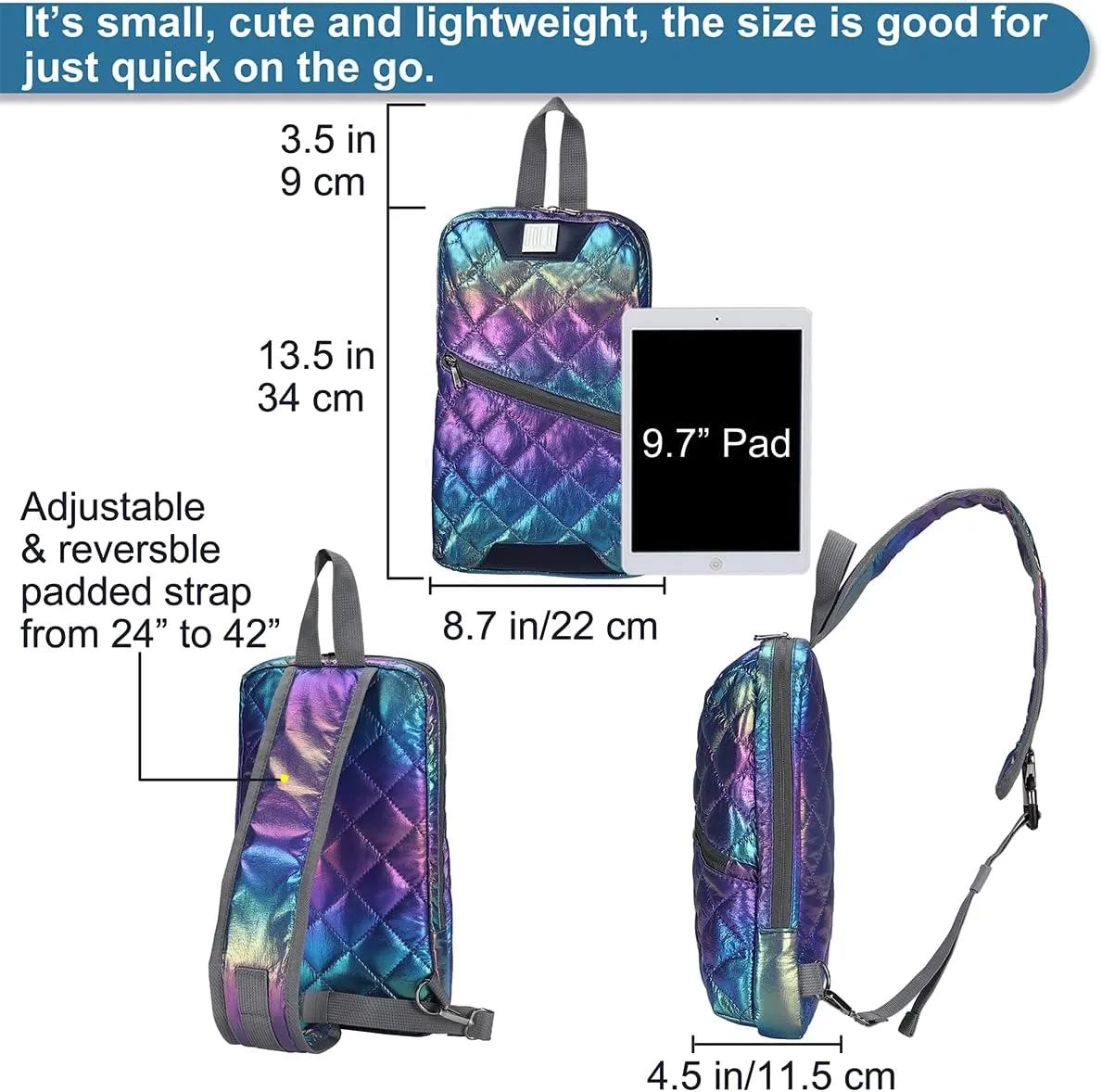 Iridescent Crossbody Shoulder Puffer Backpack for Women Men, Travel Hiking Small Chest Bag Daypack
