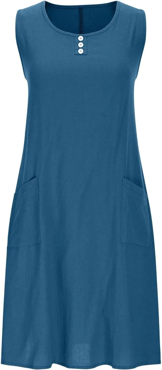 JOAU Cotton Linen Sundresses for Women Summer Casual Loose Sleeveless Tank Dress Crewneck A-Line Beach Dresses with Pockets