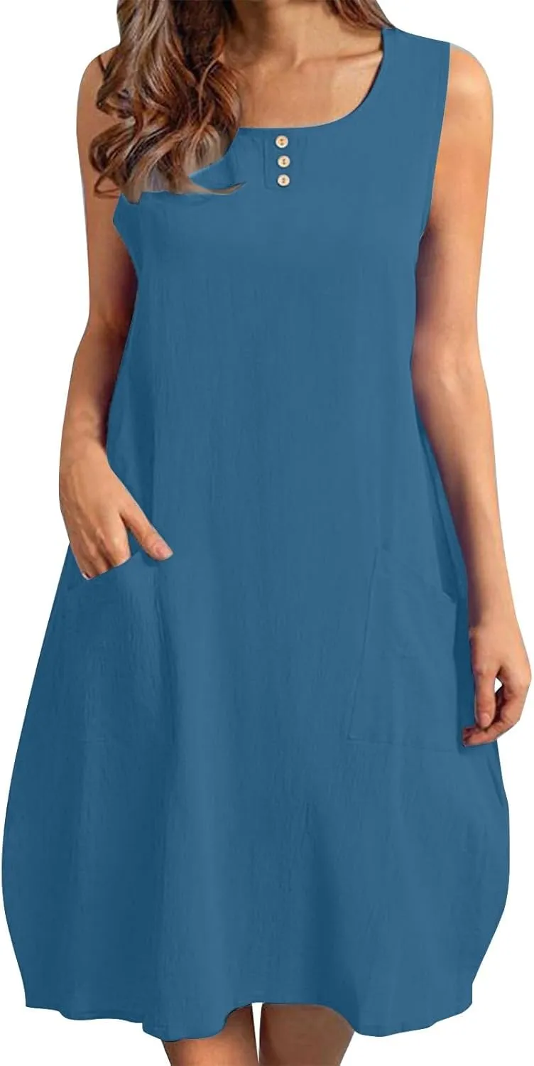 JOAU Cotton Linen Sundresses for Women Summer Casual Loose Sleeveless Tank Dress Crewneck A-Line Beach Dresses with Pockets