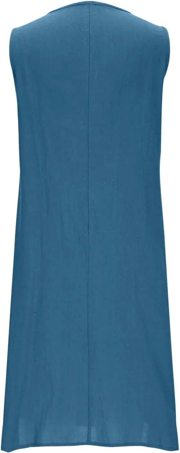 JOAU Cotton Linen Sundresses for Women Summer Casual Loose Sleeveless Tank Dress Crewneck A-Line Beach Dresses with Pockets