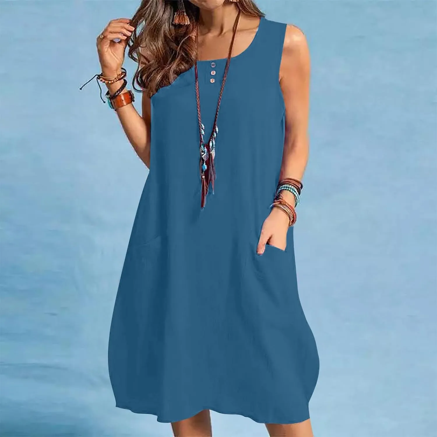 JOAU Cotton Linen Sundresses for Women Summer Casual Loose Sleeveless Tank Dress Crewneck A-Line Beach Dresses with Pockets
