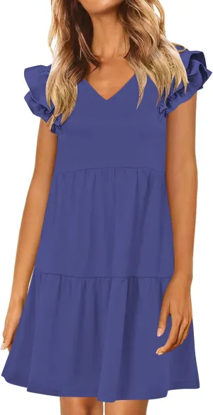 JOAU Women's Flutter Sleeve Summer Dress 2025 Casual V Neck Ruffle Flowy Tiered Knee Length A-Line Beach Vacation Sundress