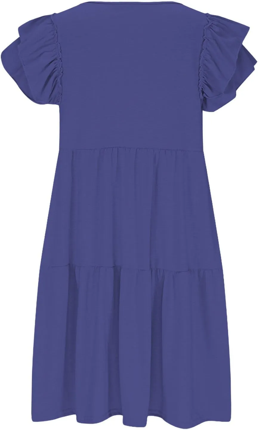 JOAU Women's Flutter Sleeve Summer Dress 2025 Casual V Neck Ruffle Flowy Tiered Knee Length A-Line Beach Vacation Sundress
